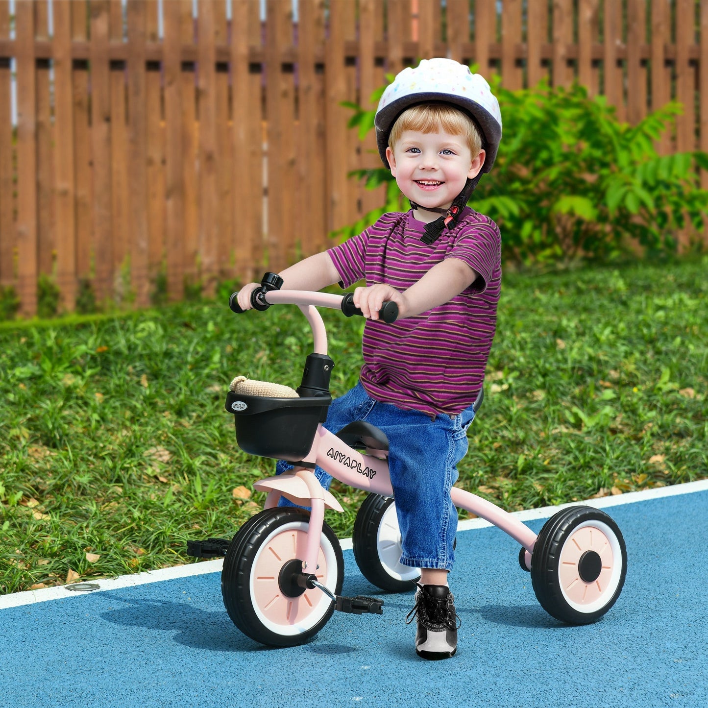 AIYAPLAY Kids Trike, Tricycle, with Adjustable Seat, Basket, Bell, for Ages 2-5 Years - Pink
