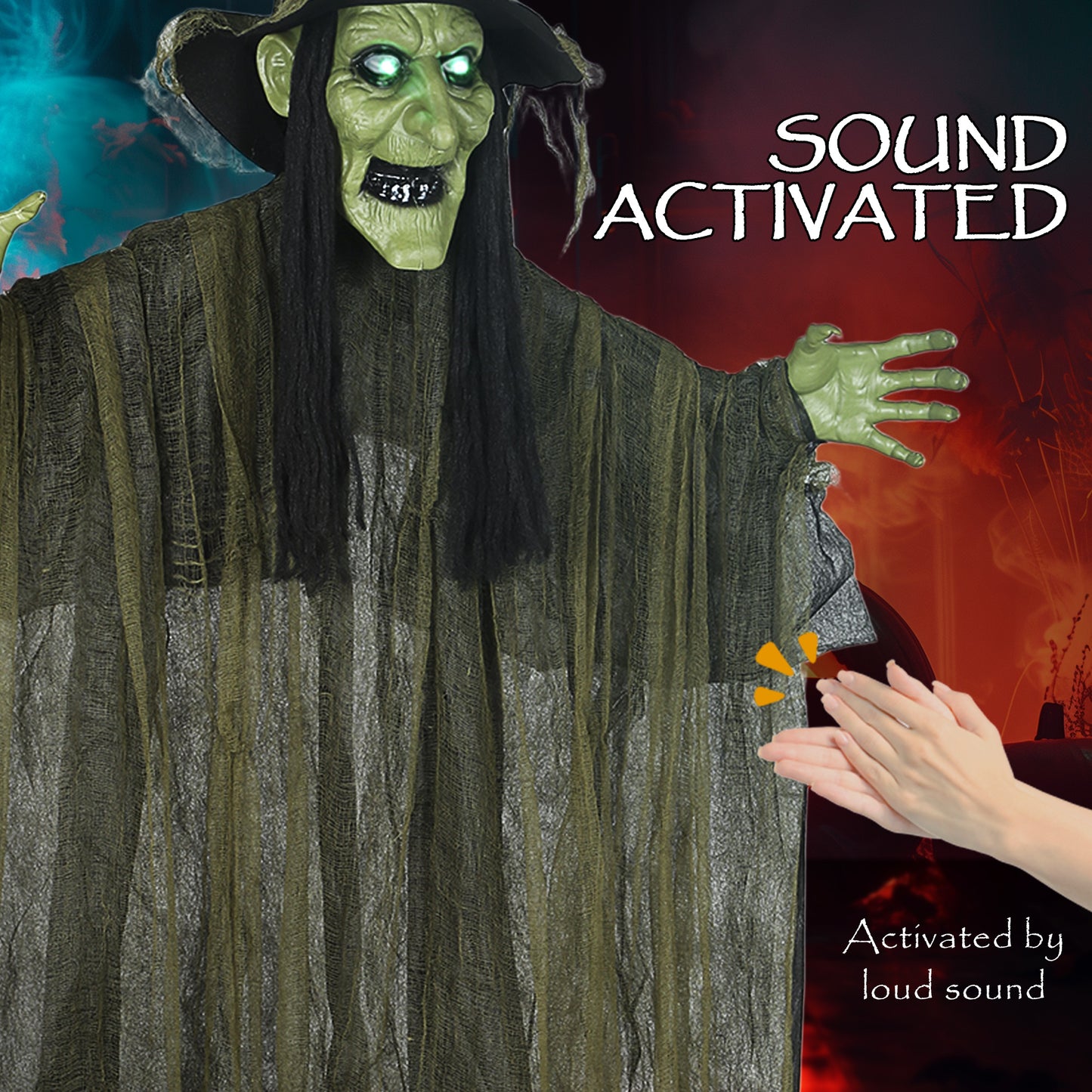 Outsunny 170 cm Life Size Hanging Halloween Animated Witch with Glowing LED Eyes, Spooky Witch Scary Halloween Decorations, Battery Operated, Indoor Party Props