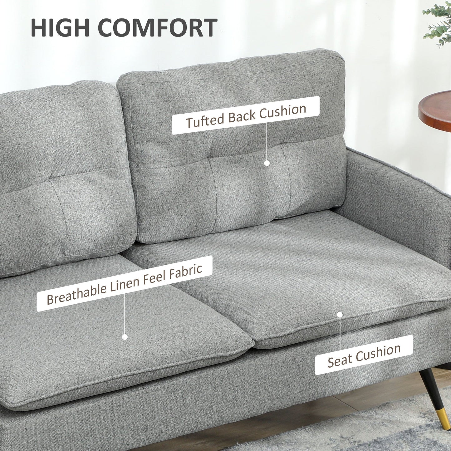 HOMCOM Modern Two Seater Sofa, Button Tufted Loveseat with Cushions and Steel Legs for Living Room, Guest Room, Grey