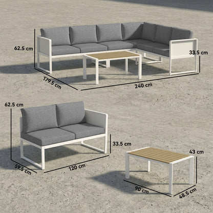 Outsunny 6 Seater Metal Garden Furniture Corner Sofa Set with 3 Loveseats, Faux Wood Table, Texteline Seat, Cushions, White