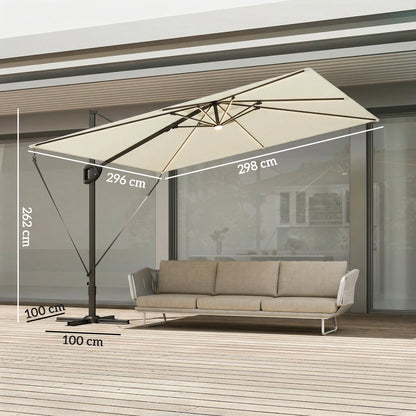 Outsunny 3 x 3 m Garden Cantilever Parasol w/ Light, Cover, UPF50+ Patio Umbrella w/ Wind Protection, 360Â° Rotation, Cream White