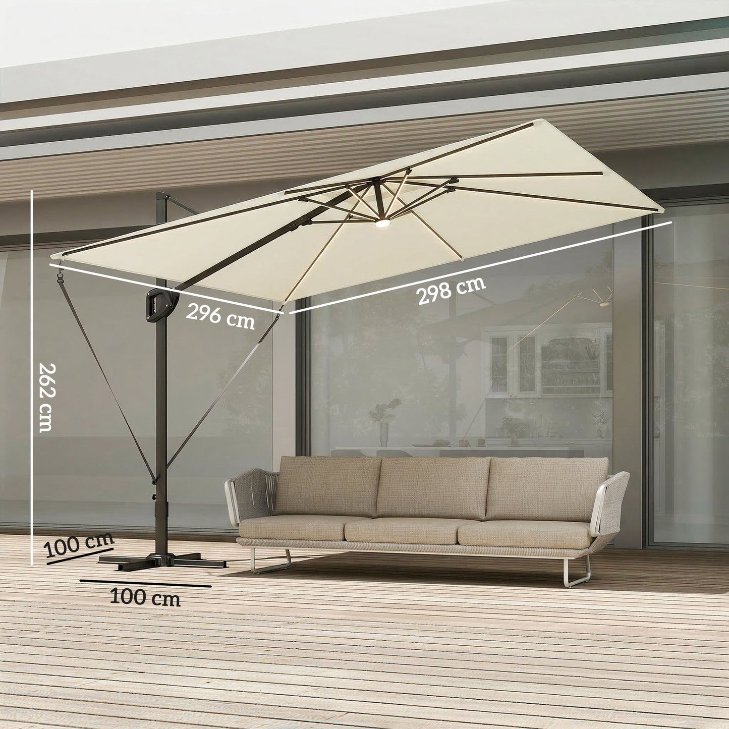 Outsunny 3 x 3 m Garden Cantilever Parasol w/ Light, Cover, UPF50+ Patio Umbrella w/ Wind Protection, 360 degrees Rotation, Cream White