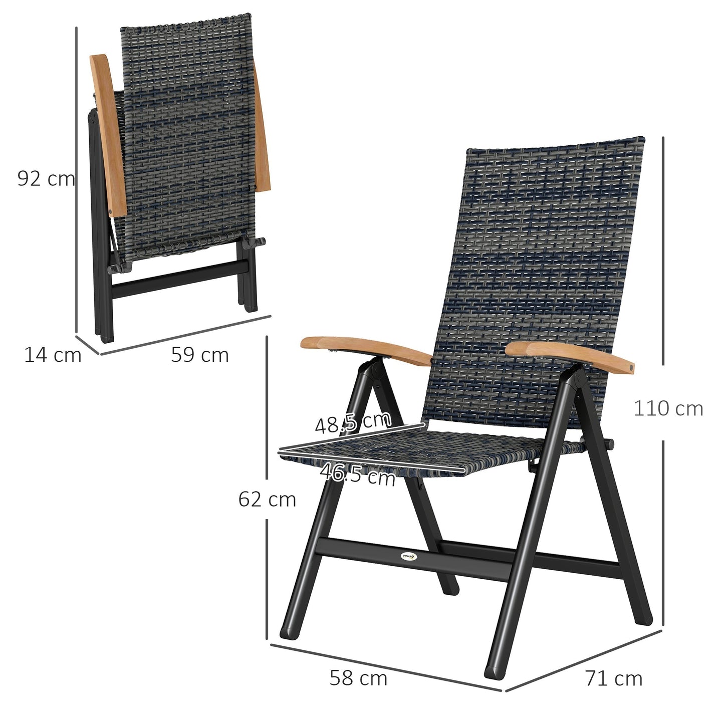 Outsunny 2 Pieces Folding Rattan Garden Dining Chairs with 5-level Reclining High Back, Wood Armrests for Outdoor - Mixed-grey