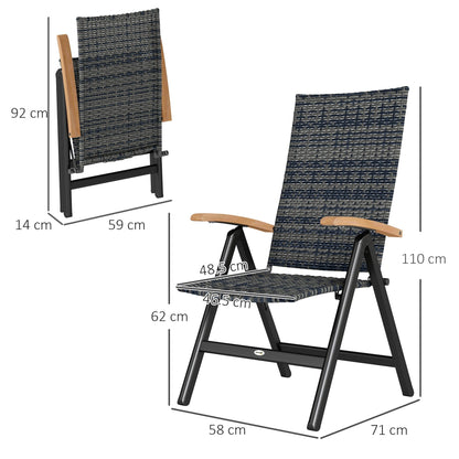 Outsunny 2 Pieces Folding Rattan Garden Dining Chairs with 5-level Reclining High Back, Wood Armrests for Outdoor - Mixed-grey