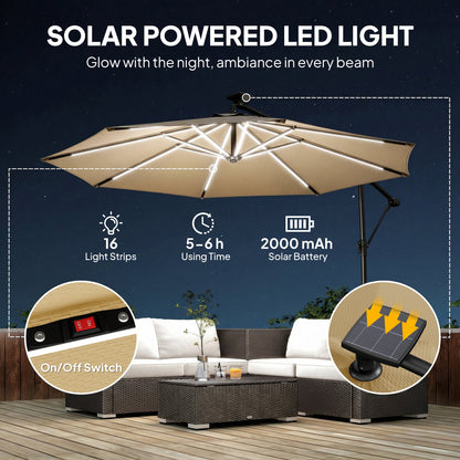 Outsunny 3 m Garden Cantilever Parasol with LED Solar Light, Round Overhanging Umbrella with 360Â° Rotation, Cover, Khaki