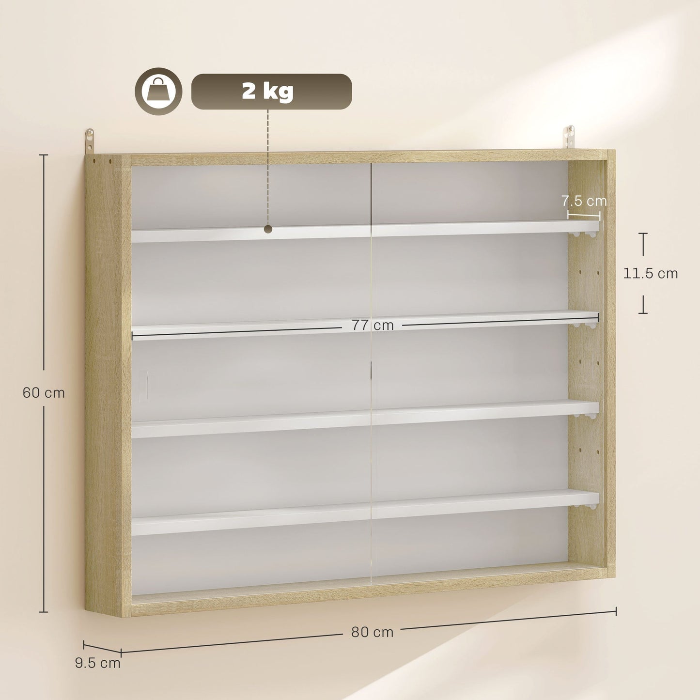 HOMCOM 5-Tier Wall Display Shelf Unit Cabinet w/ 4 Adjustable Shelves Glass Doors Home Office Ornaments 60x80cm Natural