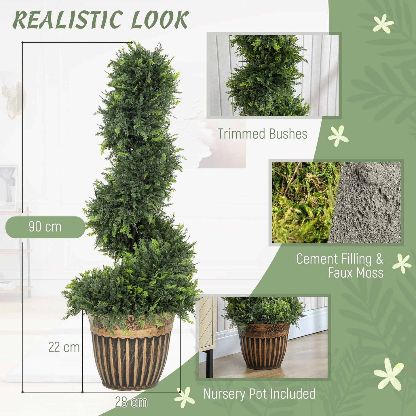 HOMCOM Set of 2 Artificial Plants, Topiary Spiral Boxwood Cypress Trees with Pot, for Home Indoor Outdoor Decor, 90cm