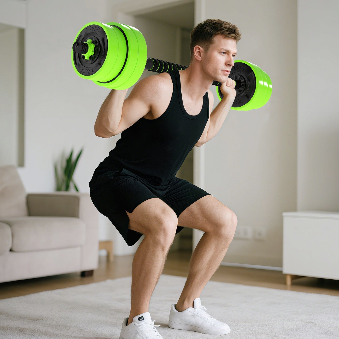 SPORTNOW 30kg Four-In-One Adjustable Weight Dumbbells Set, Barbell, Kettlebell, Push Up Stand - Green