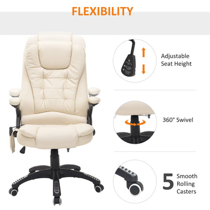 HOMCOM 6-Point Massage Office Chair with Seat Heated for Home Office, PU Leather High Back Executive Desk Chair with Adjustable Height and 360Â° Swivel for Work Study, Beige