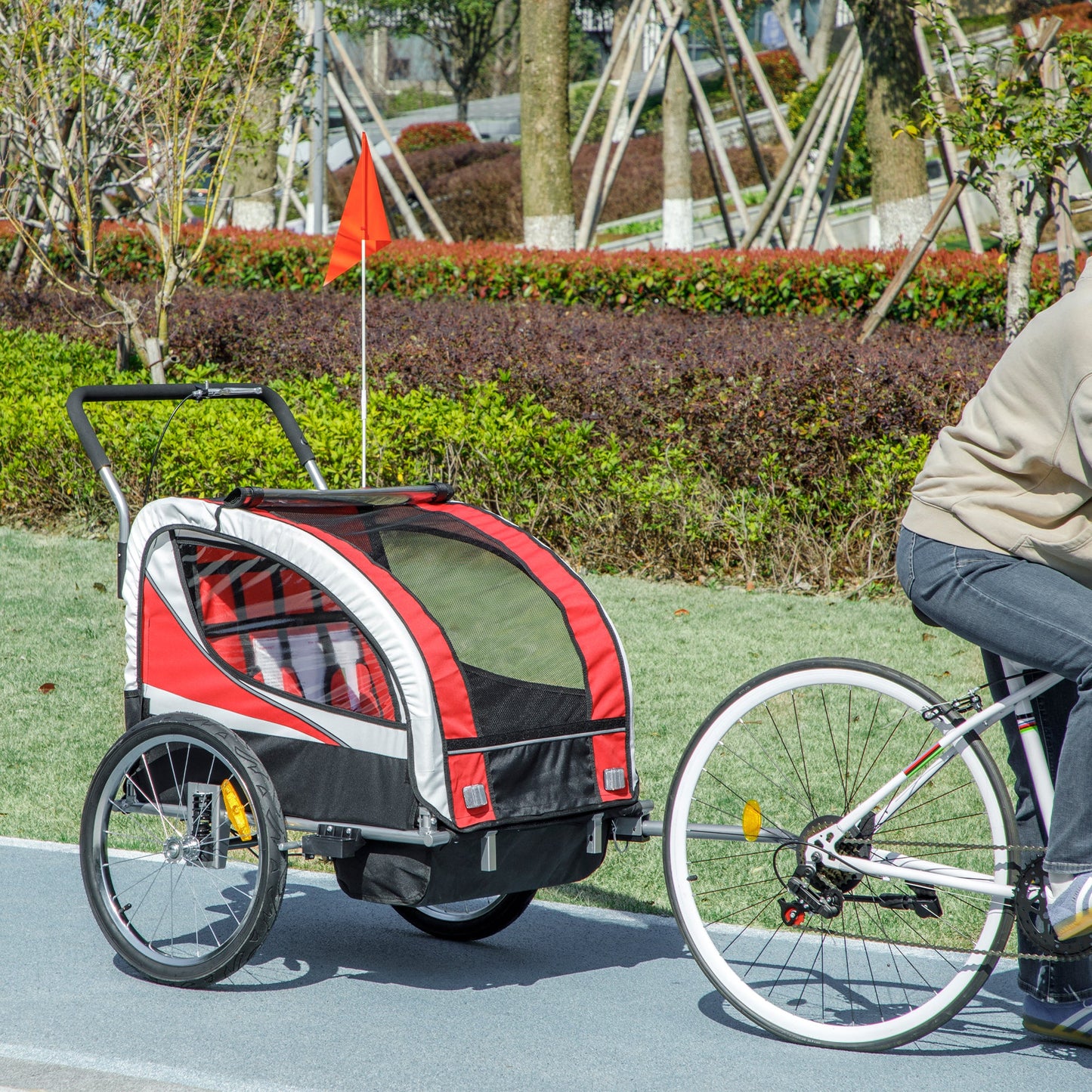 HOMCOM Baby Bike Trailer, Child Bicycle Trailer with 5 Point Harness, Steel Frame, Reflectors, Safety Flag, Hitch Coupler, Red