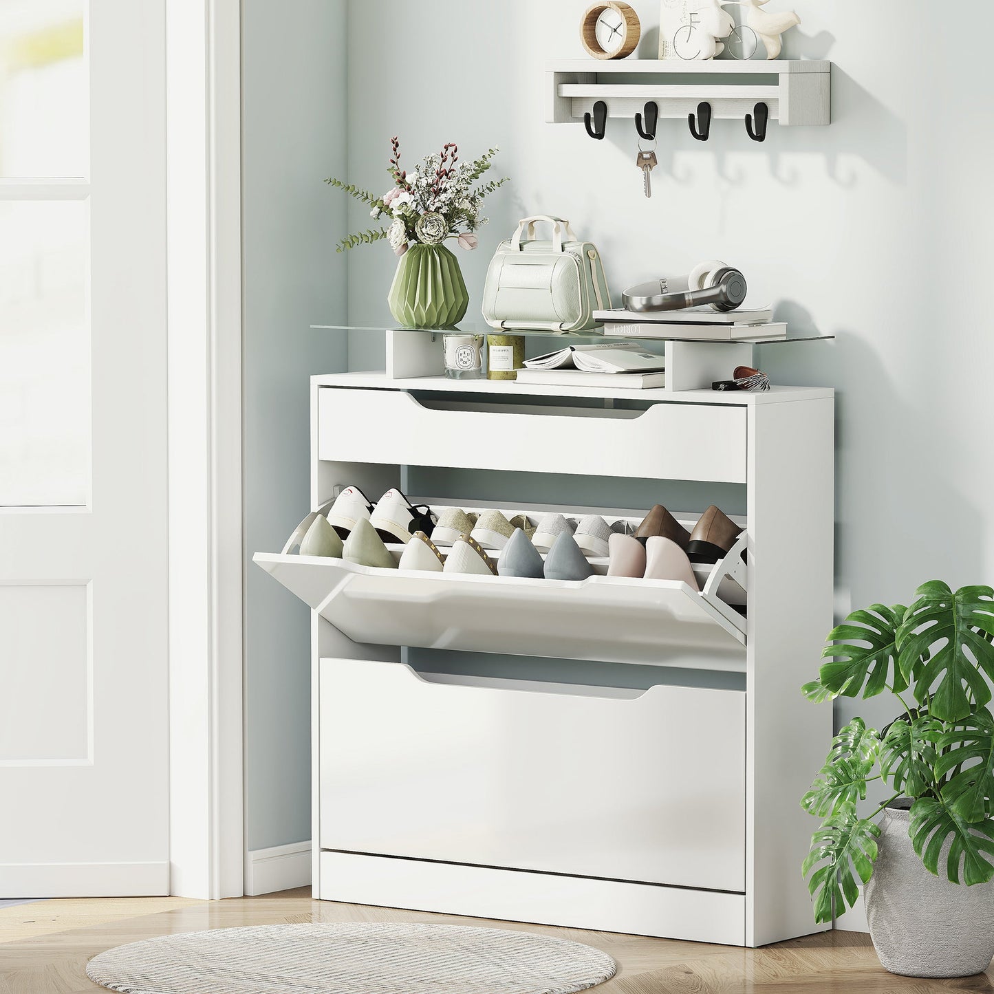 HOMCOM Shoe Storage Cabinet with Slide Out Drawer, 2 Flip Doors, Tempered Glass Top - White