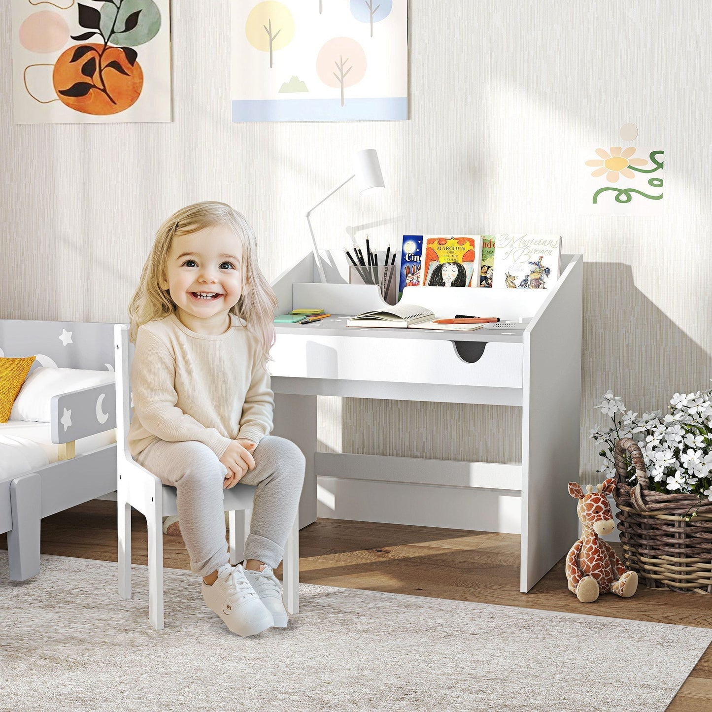 AIYAPLAY Children Study Table and Chair, Kids Desk and Chair Set with Storage, Pull-Out Drawer, for Ages 3-6 Years, Grey