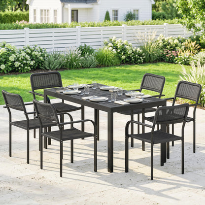 Outsunny Garden Dining Set for 6, Faux Wood Metal Outdoor Table and Stackable Chairs with Plastic Rattan Effect Seat, Black