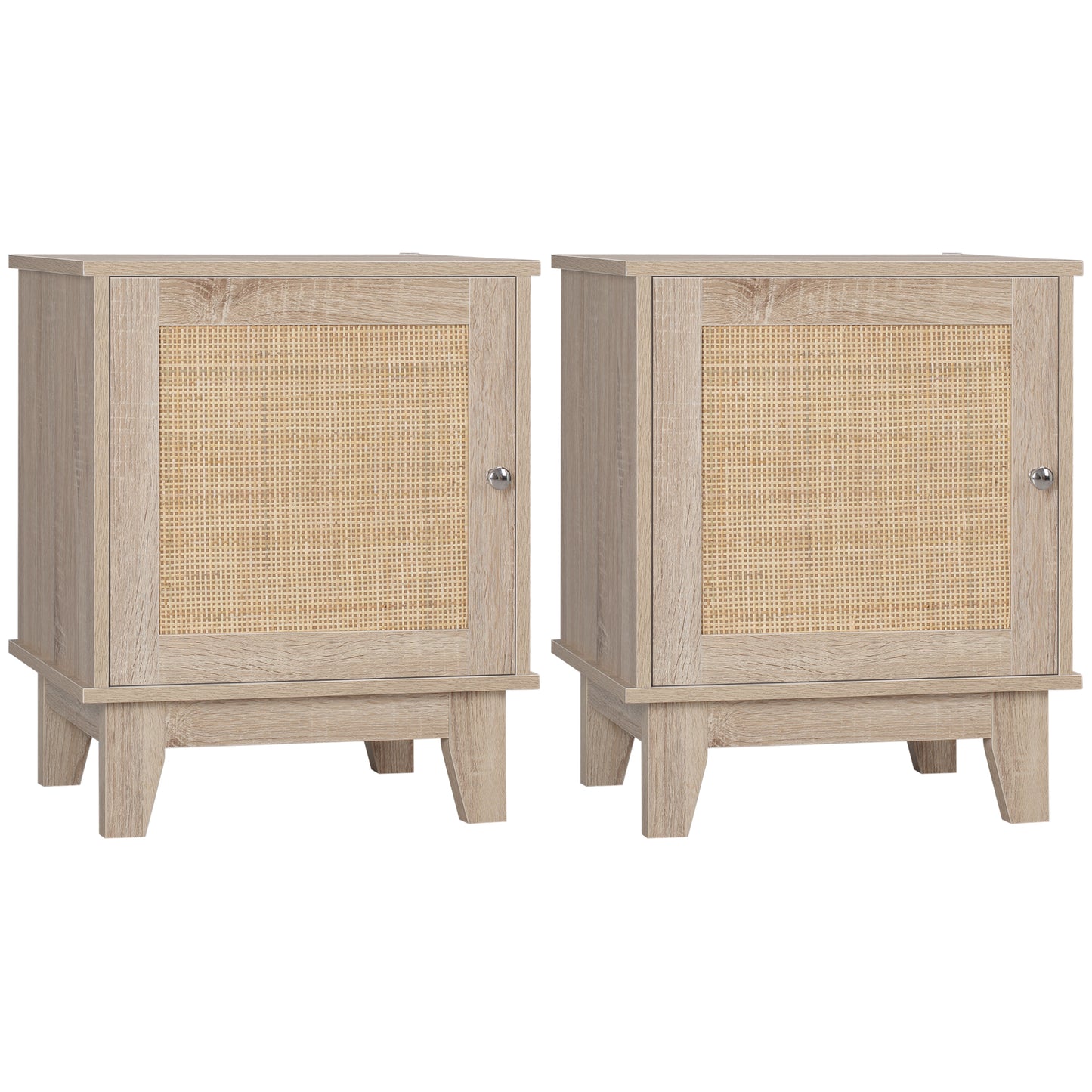 HOMCOM Bedside Table, Bedside Cabinet with Storage Cupboard, Side End Table with Rattan Element for Living Room, Bedroom, Set of 2, Natural