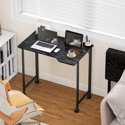 HOMCOM Folding Small Desk on Wheels - Black Wood Effect