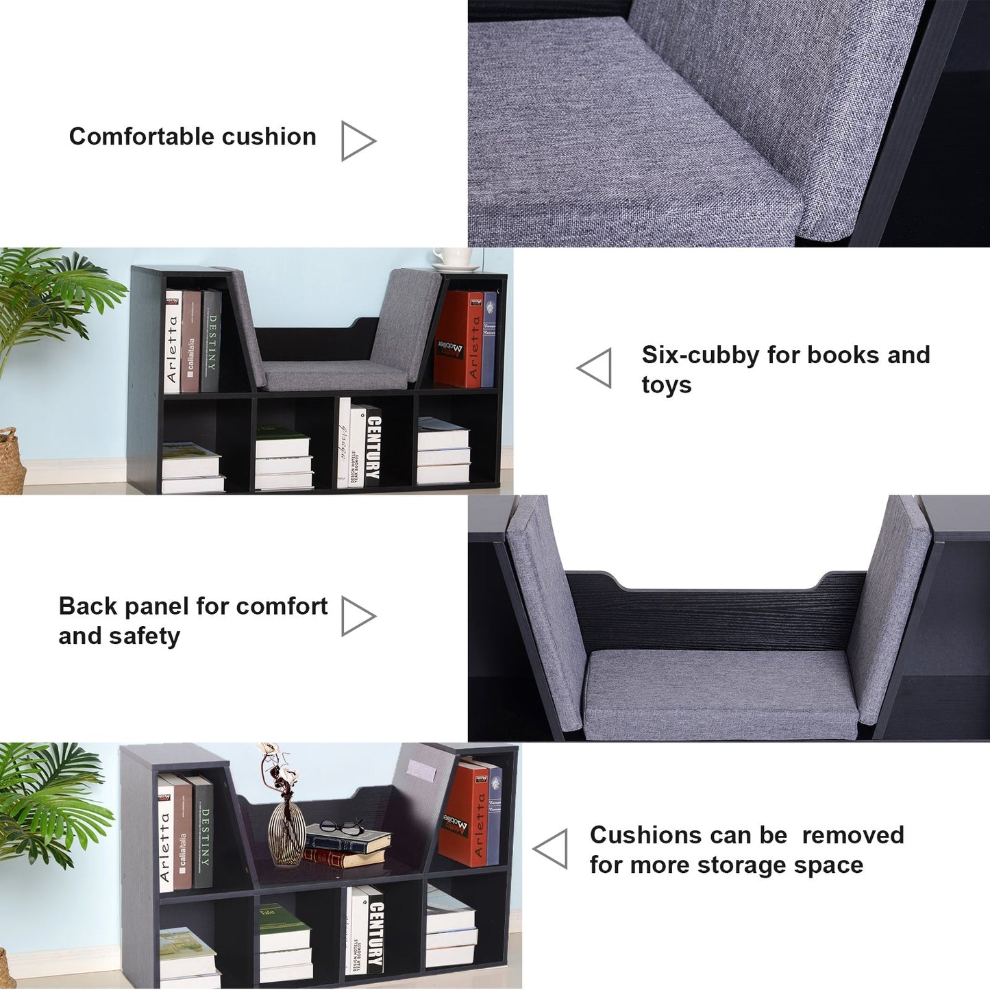 HOMCOM Bookcase Storage Shelf with Cushioned Reading Seat, Cube Bookshelf Organizer for Bedroom Living Room, Black