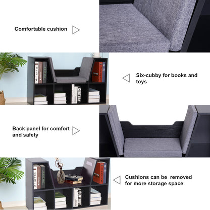 HOMCOM Bookcase Storage Shelf with Cushioned Reading Seat, Cube Bookshelf Organizer for Bedroom Living Room, Black