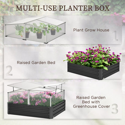 Outsunny Galvanised Raised Garden Bed, Outdoor Planter Box with Greenhouse and Cover for Vegetables, Flowers, Dark Grey