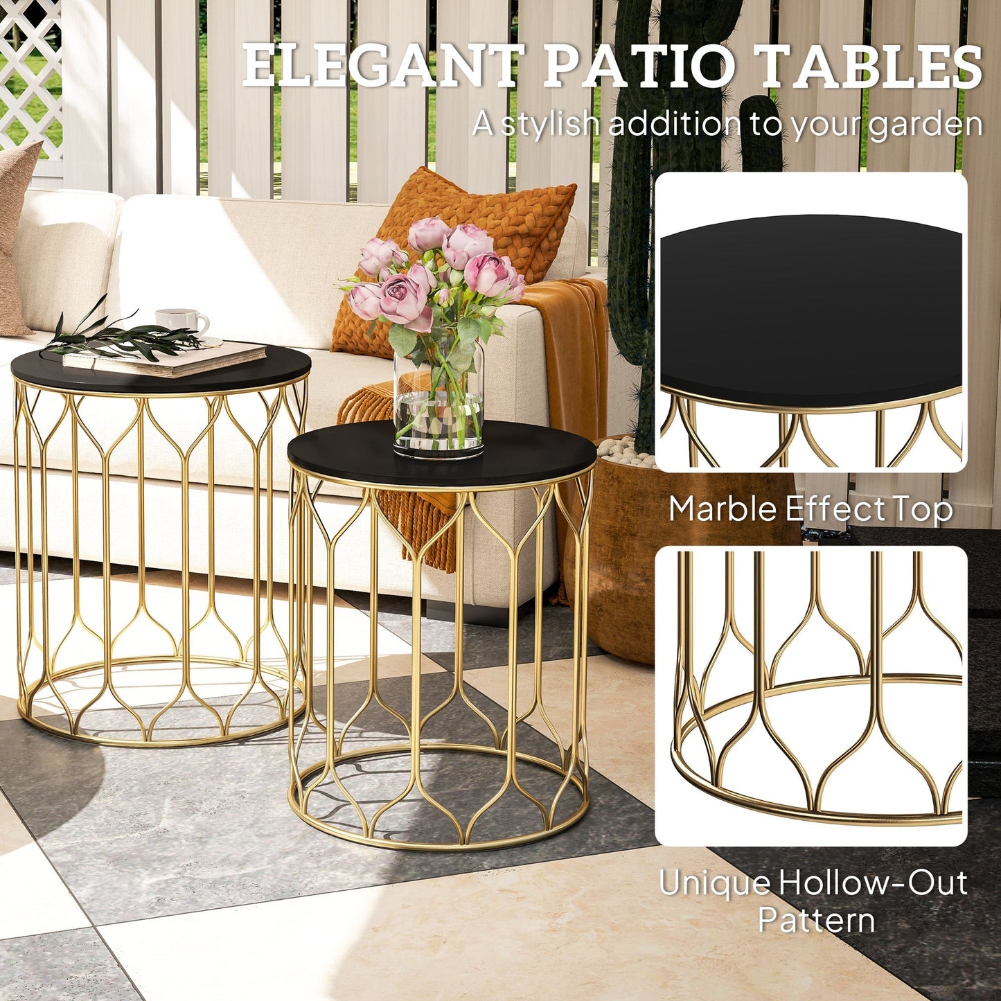 Outsunny Round Coffee Table Set of 2, Modern Nesting Tables with Ceramic Tile Top, Small End Tables, Indoor Outdoor Side Table with Metal Frame for Living Room, Bedroom, Patio, Balcony, Black
