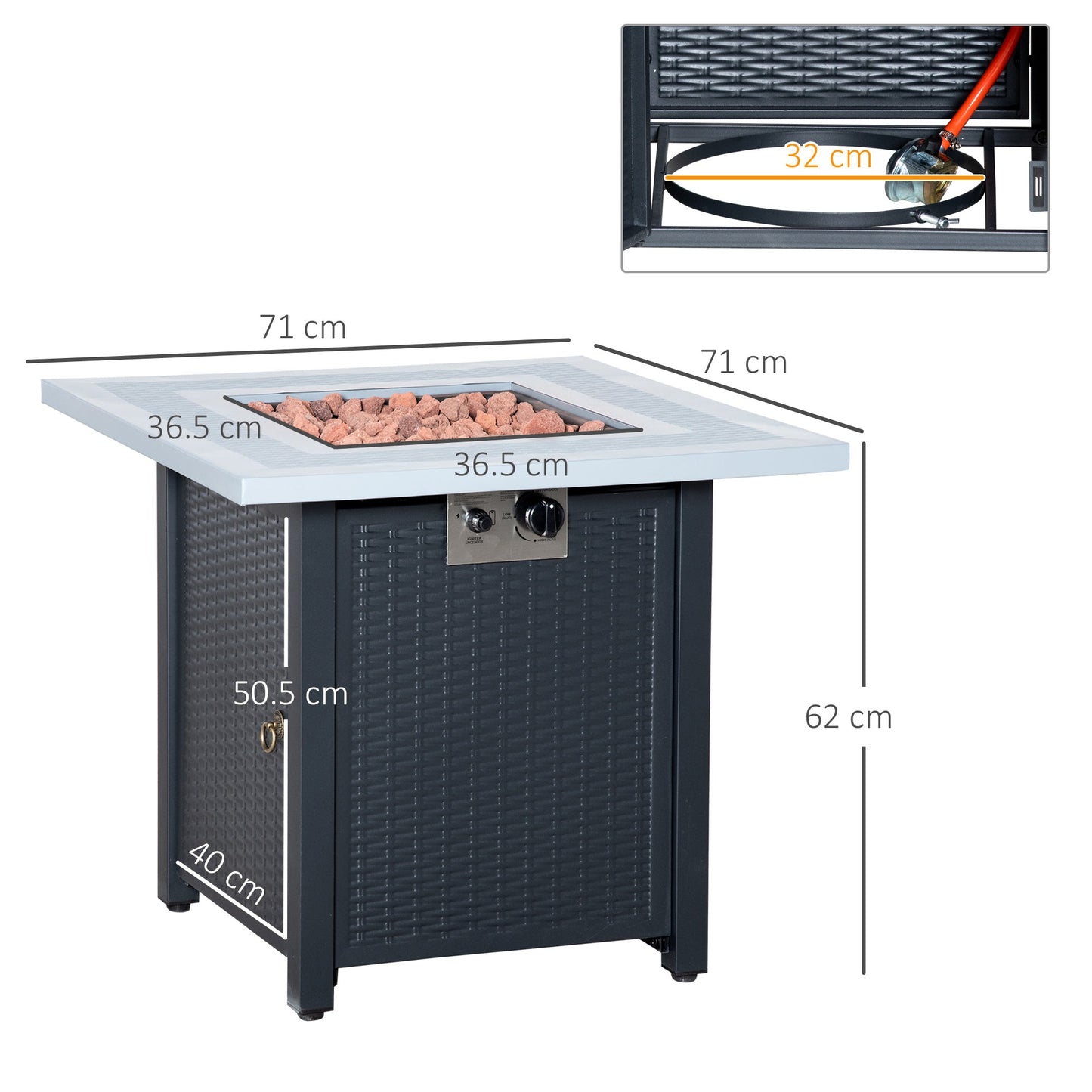 Outsunny 71 x 71cm 40000 BTU Gas Firepit Table - Black/Grey