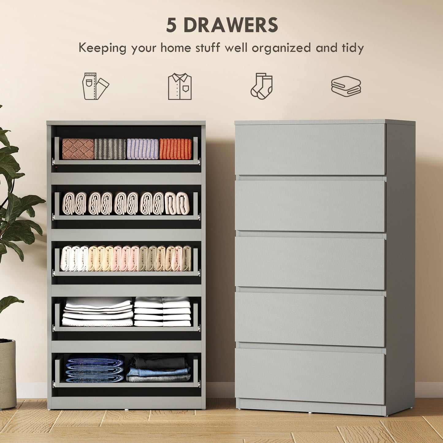 HOMCOM Chest of Drawers, 5-Drawer Storage Cabinets, Modern Dresser, Storage Drawer Unit for Bedroom