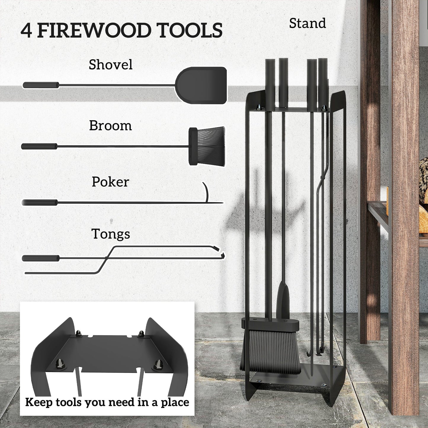 Outsunny 5 Pieces Fireplace Companion Set, Metal Fireplace Accessories Fireside Companion Set with Brush, Shovel, Poker, A Pair of Tongs, Stand, Black