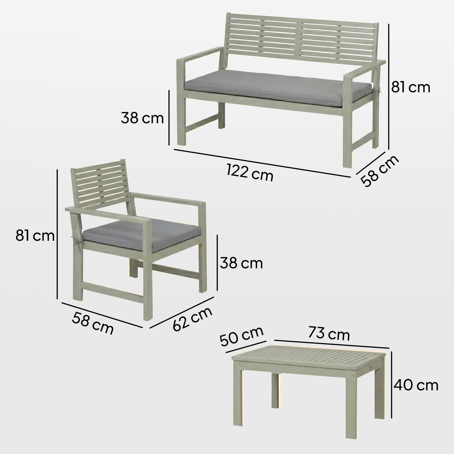 Outsunny 4 Seater Wooden Garden Furniture Set with Loveseat, Armchairs, Table, Acacia Wood Garden Sofa Set, Light Grey