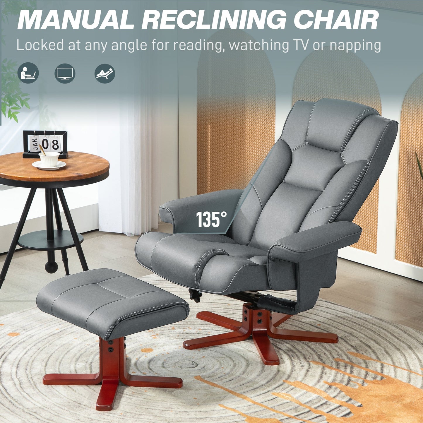 HOMCOM Faux Leather Manual Recliner and Footstool Set - Grey