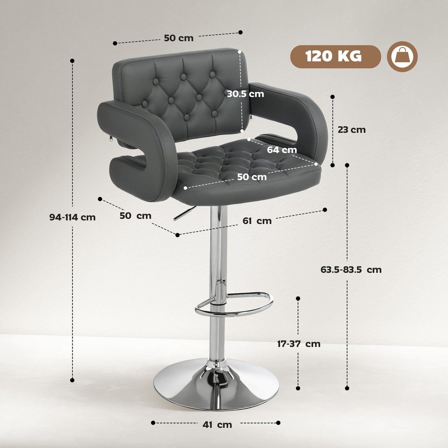 HOMCOM PU Leather Upholstered Swivel Bar Stool, Height Adjustable with Back, Armrest, Footrest, Grey