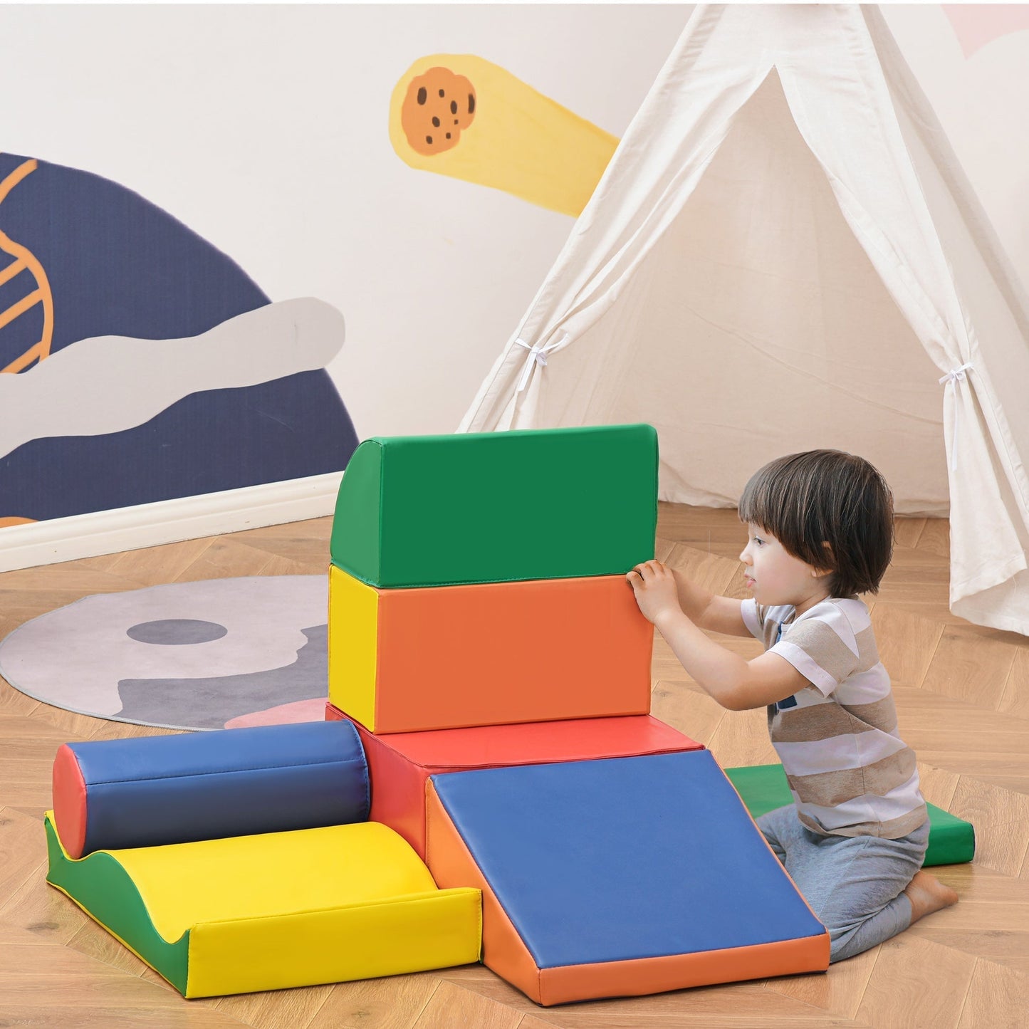 HOMCOM Soft Play Set, 7 Piece Foam Blocks, Toddler Climb and Crawl Activity Set for 1-3 Years, Soft Play Equipment for Building and Stacking, Educational Play, Red