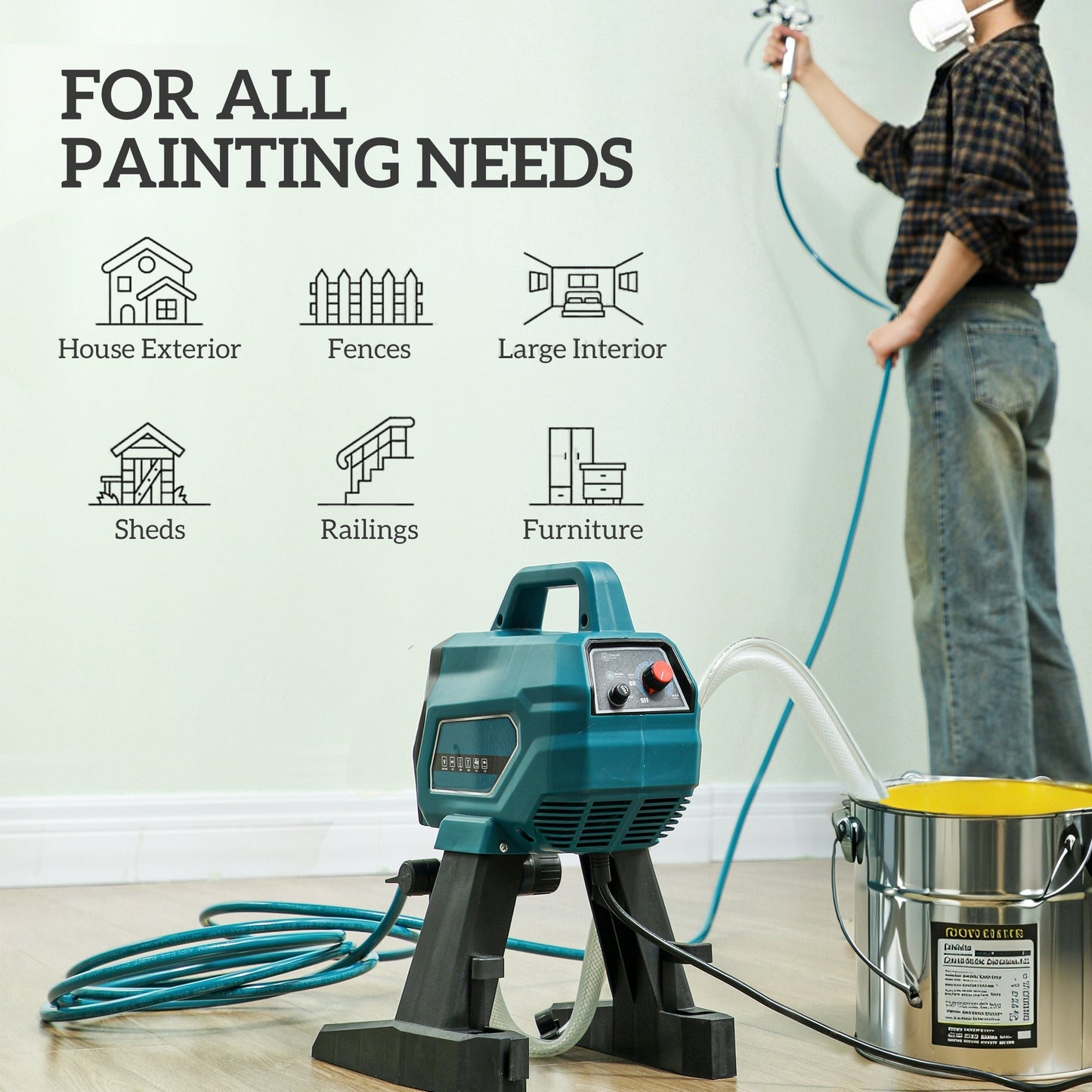 HOMCOM Airless Paint Sprayer, Thinning-Free, Electric√Ø¬ª¬ø Fence Paint Sprayer for Exterior and Interior DIY Painting Projects, Wall Spray Gun Machine, Household Use, 1.5L/min, 200 Bar, 7.5 m Hose