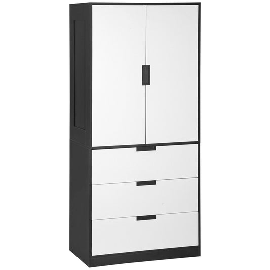 HOMCOM 2 Door Wardrobe, Modern Wardrobe with 3 Drawers and Hanging Rod for Bedroom, Black