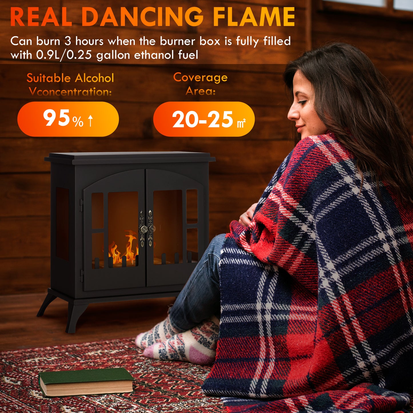 HOMCOM Bioethanol Stove Freestanding Medium-Large 3H Burning Stainless Steel Flame Snuffer for Living Room Black