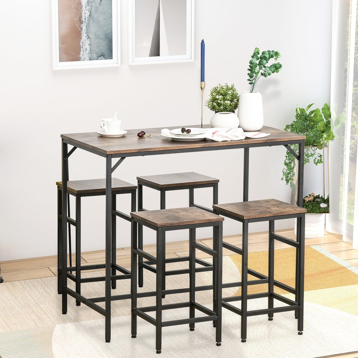 HOMCOM 5-Piece Breakfast Bar Table and Stools Set, Kitchen Bar Table Set with High Table and 4 Stools, Space Saving Compact Dining Furniture for Small Spaces, Rustic Brown