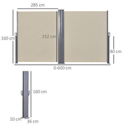 Outsunny 6 x 1.6 M Double Canopy Pull-Out Side Awning Sun Rain Outdoor Protection w/ Steel Frame Retractable Garden Privacy Home Commercial Beige