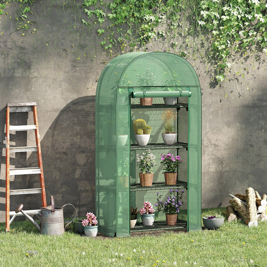 Outsunny 4 Tier Mini Greenhouse for Outdoor, Portable Gardening Plant Green House with Storage Shelf, Roll-Up Zipped Door, Metal Frame and PE Cover, 80 x 49 x 160cm, Green