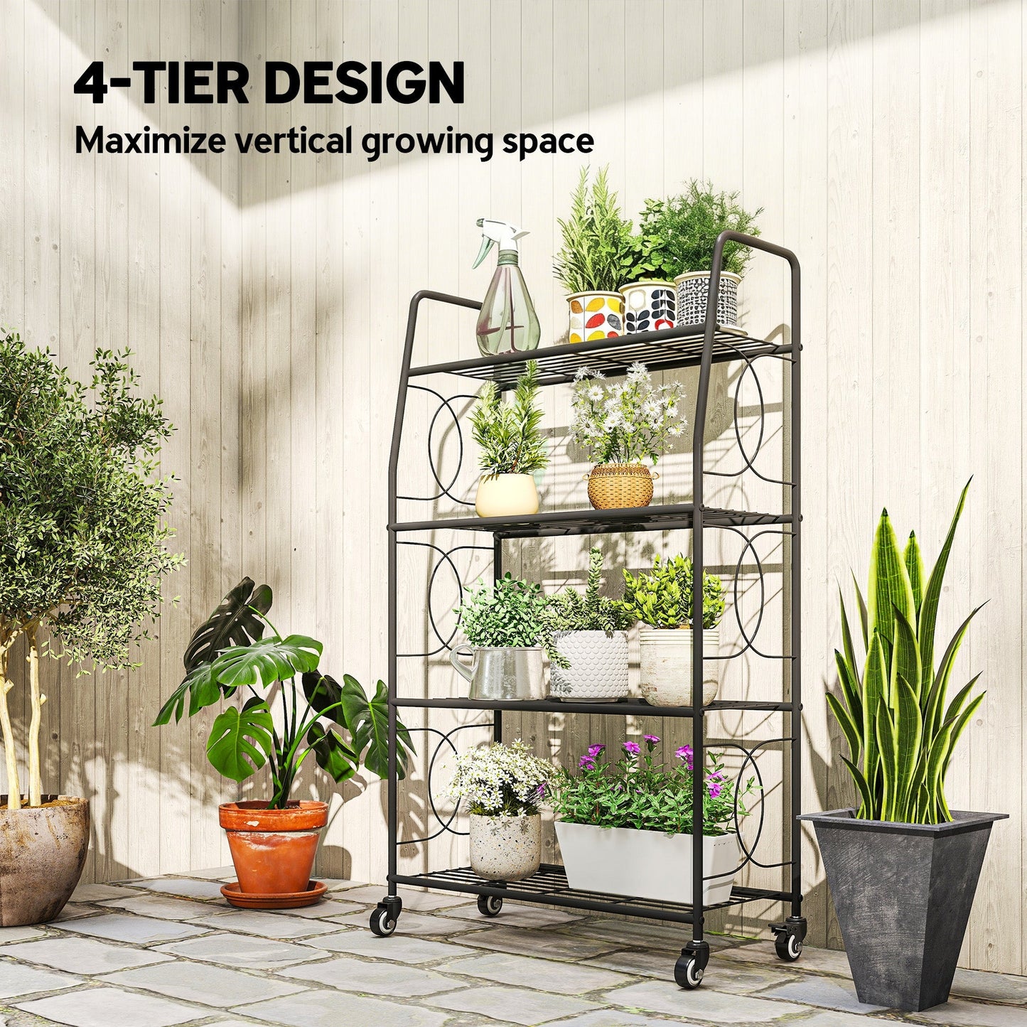 Outsunny 4-Tier Metal Plant Stand, Heavy Duty Ladder Shelf Potted Plants Display Rack with Lockable Wheels