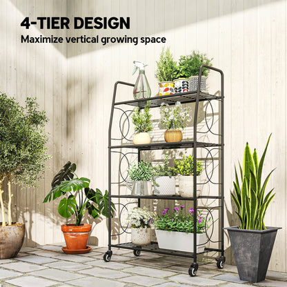 Outsunny 4-Tier Metal Plant Stand, Heavy Duty Ladder Shelf Potted Plants Display Rack with Lockable Wheels