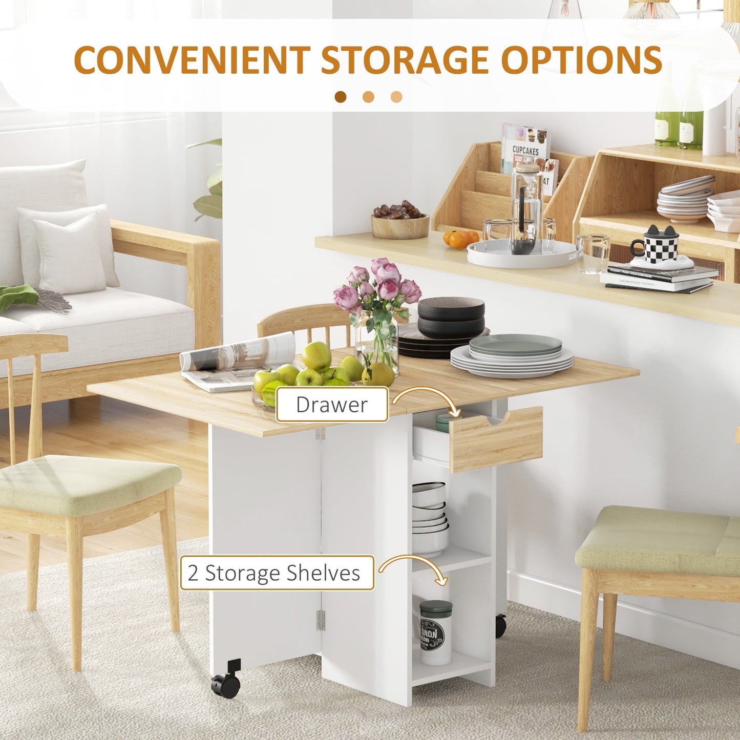HOMCOM Folding Dining Table, Drop Leaf Table for Small Spaces, Foldable Table with Drawer and Storage Shelves for Kitchen, Dining Room, Oak