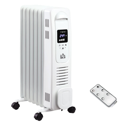 HOMCOM 1500W Digital Oil Filled Radiator, 7 Fin, Portable Electric Heater with LED Display, 24-Hour Timer, 3 Heat Settings, Safety Cut-Off and Remote Control, White