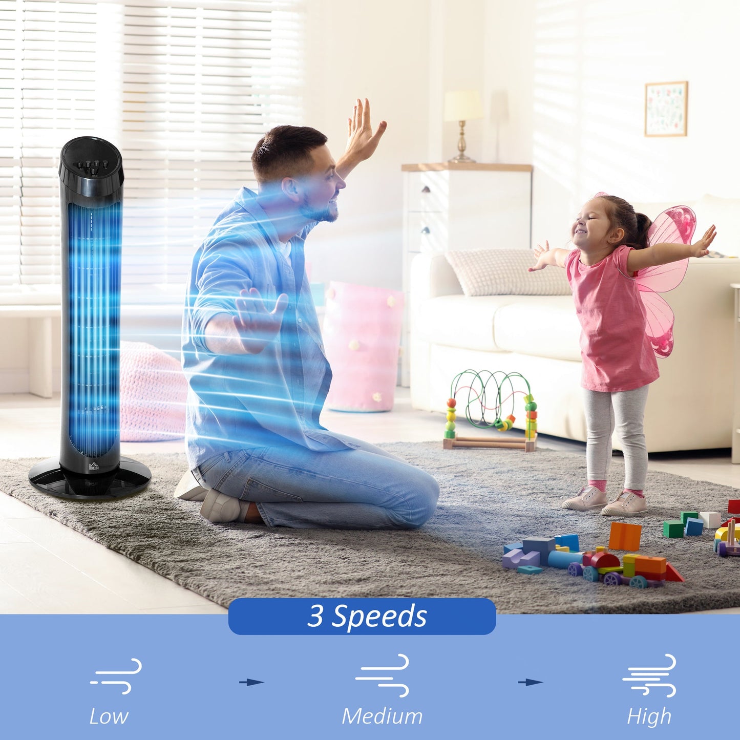 HOMCOM Tower Fan for Bedroom Cooling, 30 Inch Electric 70Â° Oscillating Fan with 3 Speed Settings, Standing Floor Fan for Home Office Indoor, Black