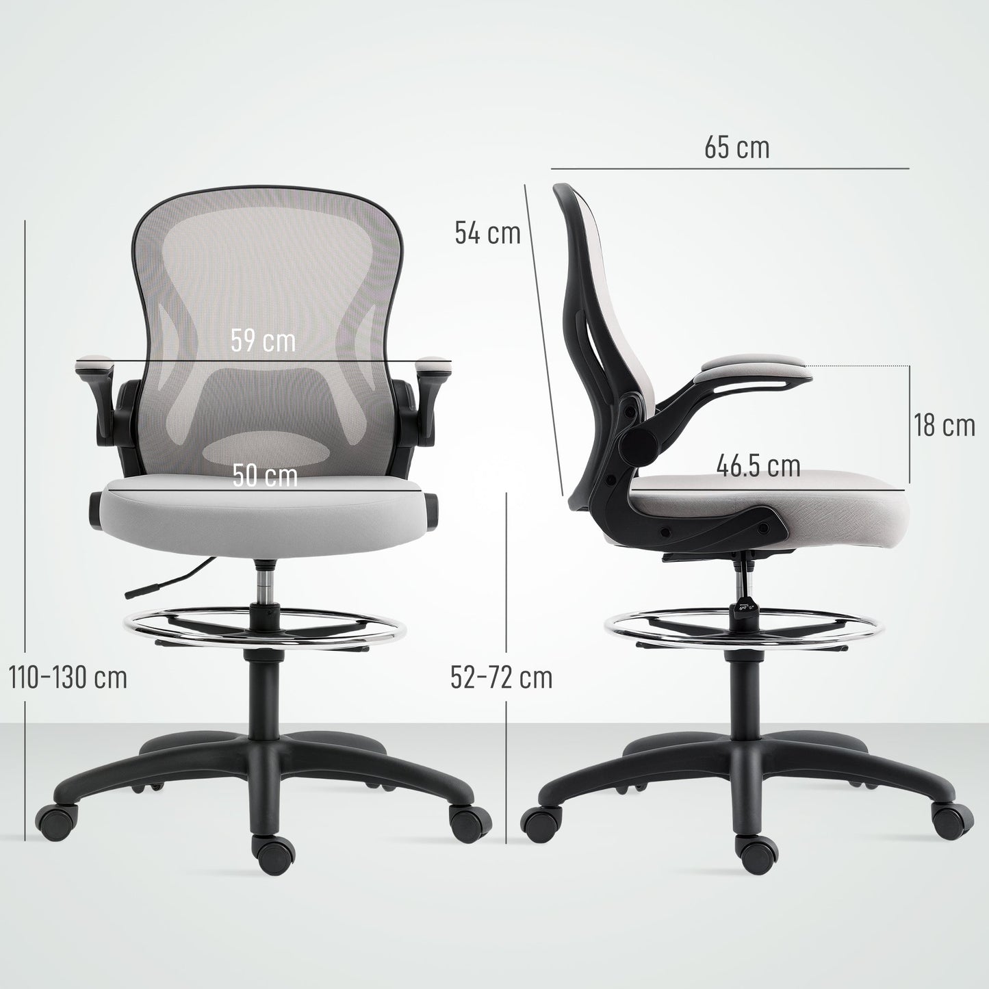 Vinsetto Adjustable Mesh Standing Desk Chair with Flip-up Armrests Lumbar Support Armrests Adjustable Footrest Ring Grey