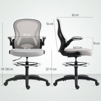 Vinsetto Adjustable Mesh Standing Desk Chair with Flip-up Armrests Lumbar Support Armrests Adjustable Footrest Ring Grey