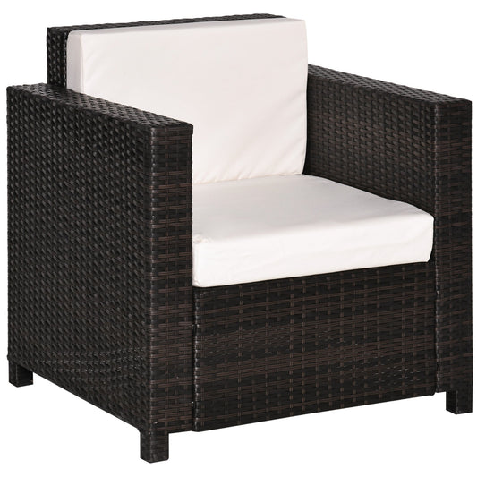 Outsunny Single Seater Rattan Chair, PE Wicker Garden Armchair with 10 cm Thickened Cushion, All-Weather Rattan Garden Chair with Armrests, Brown