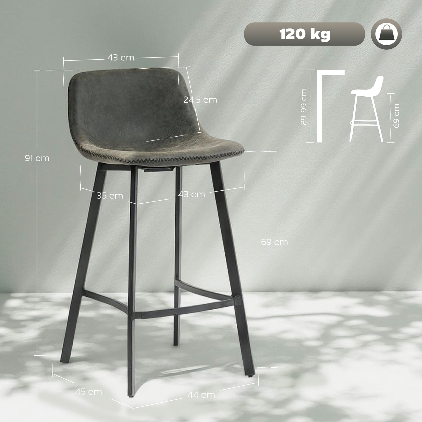 HOMCOM Bar Stools Set of 2, PU Leather Dining Stools with Backrest, Footrest, for Kitchen, Counter, Breakfast Bar, Grey