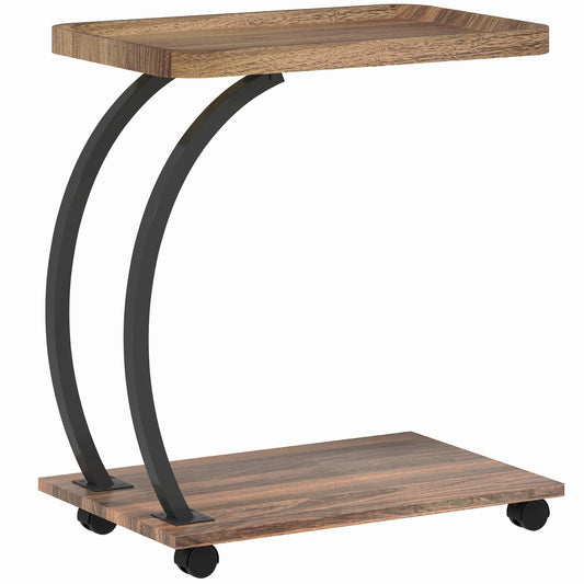 HOMCOM 2-Tier Mobile C-Shaped Side Table - Brown