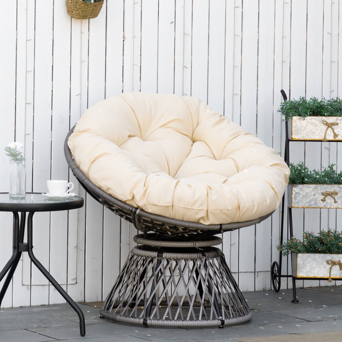 Outsunny 360Â° Swivel Rattan Moon Bowl Chair Round Lounge Garden Wicker Basket Seat with Padded Cushion Oversized for Outdoor Indoor, Beige