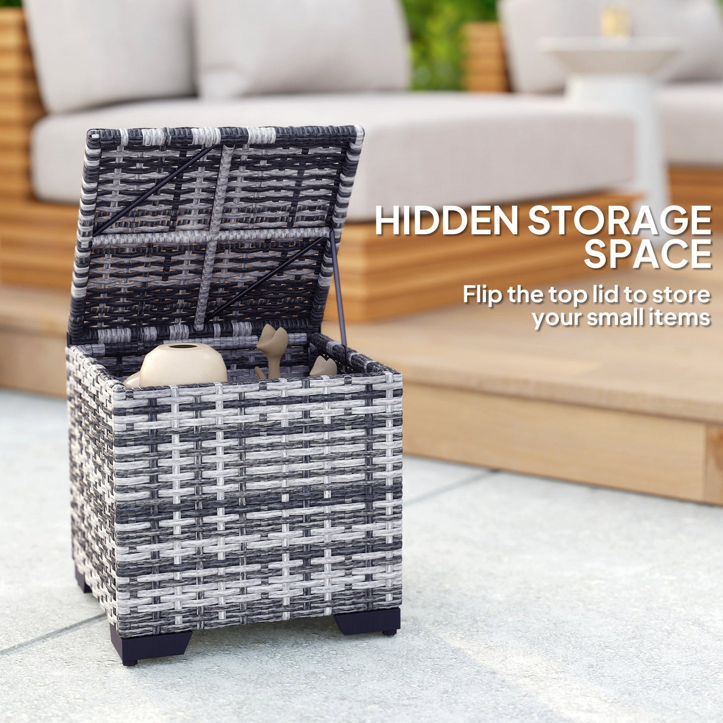 Outsunny Set of 2 Rattan Storage Ottoman, Outdoor Footstool with Removable Cushions, Garden Storage Seat for Balcony, Porch, Living Room, Dark Grey
