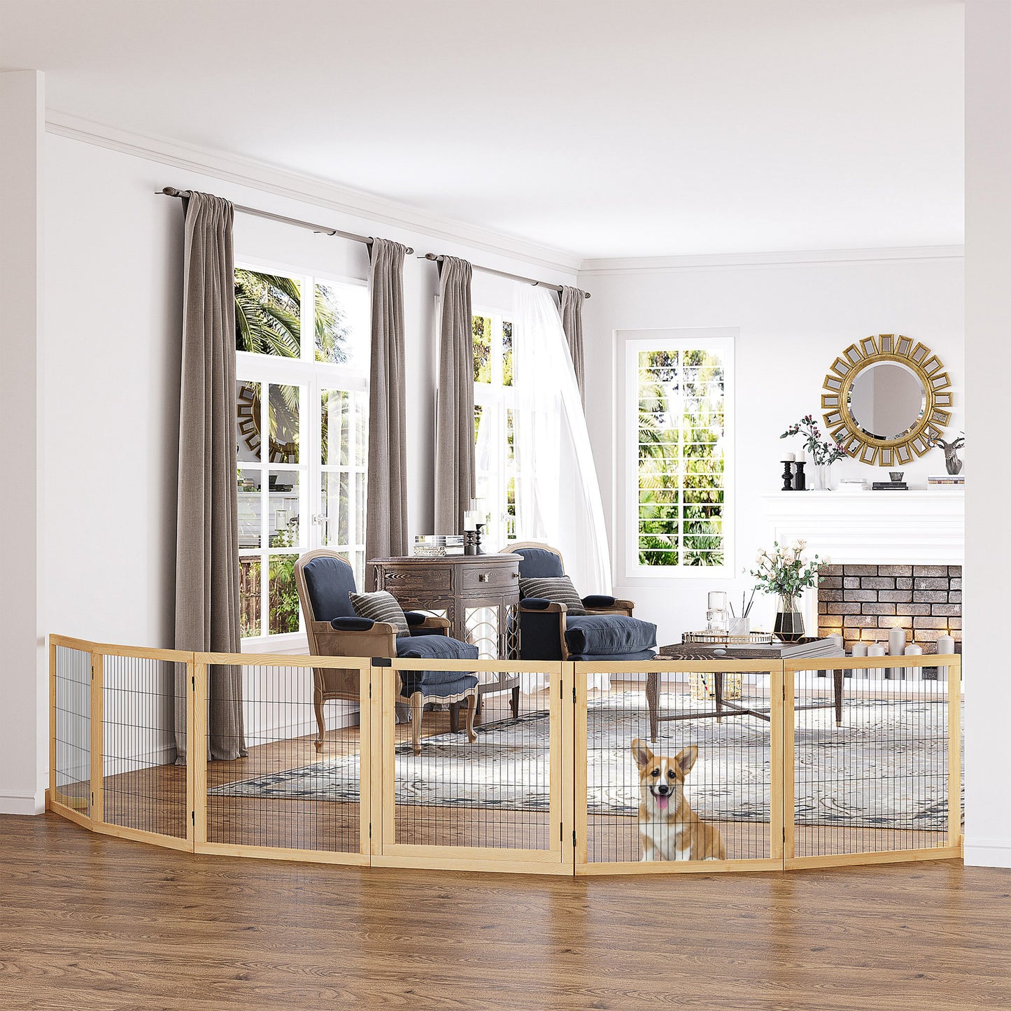PawHut Wooden Pet Gate, Freestanding Dog Security Barrier with Two Support Feet - Natural Tone