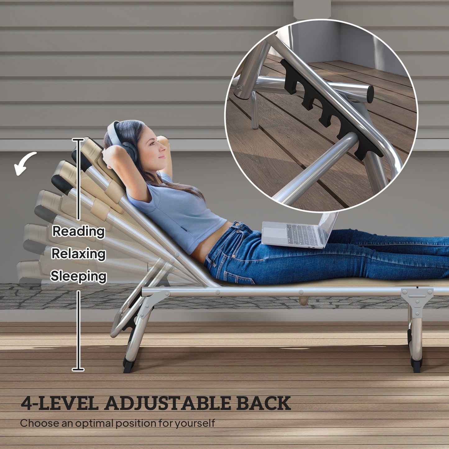 Outsunny Foldable Outdoor Sun Lounger, Reclining Lounge Chair Camping Bed Cot with Pillow 4-Level Adjustable Back Aluminium Frame, Khaki